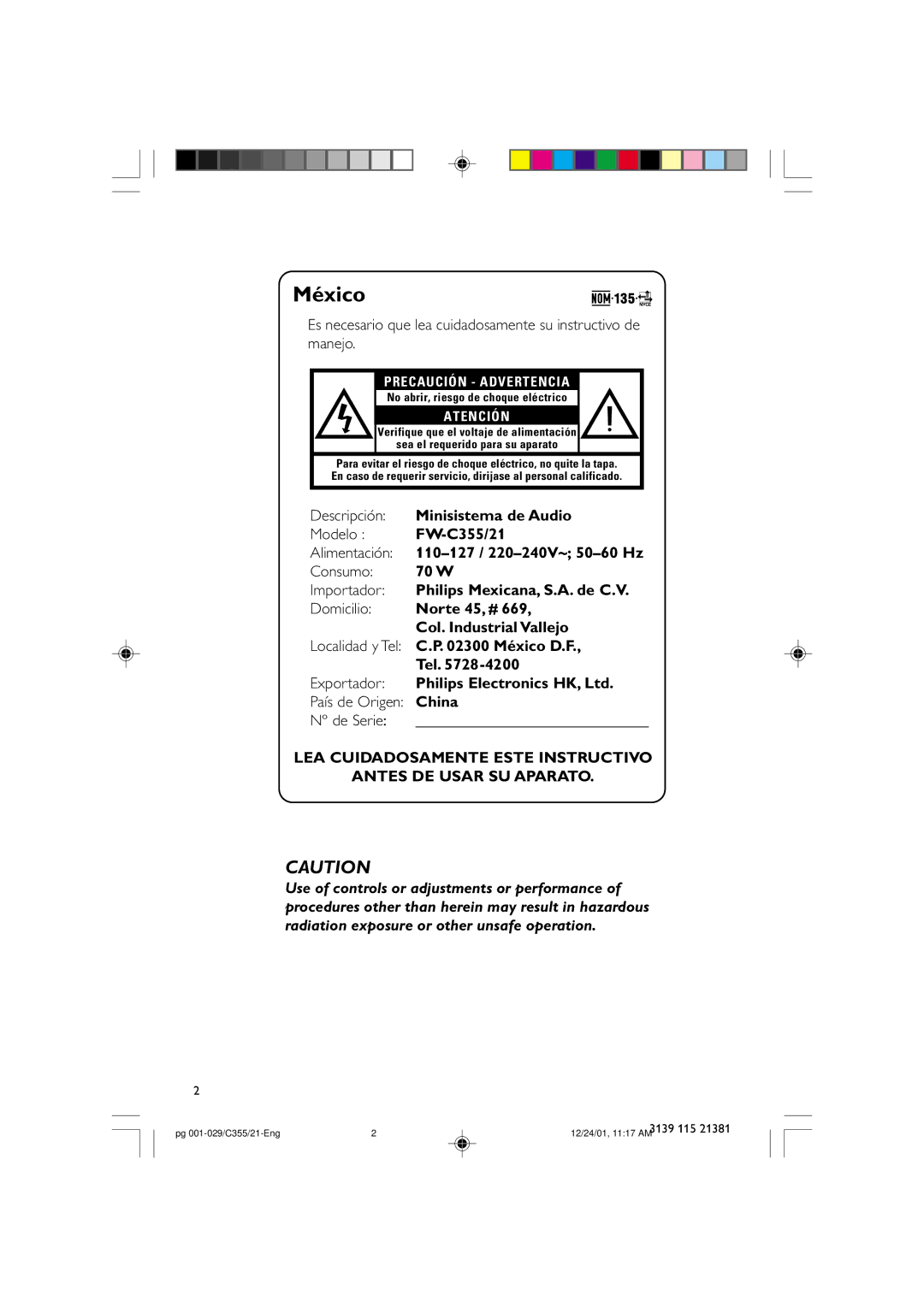 Philips FW-C355 manual México 