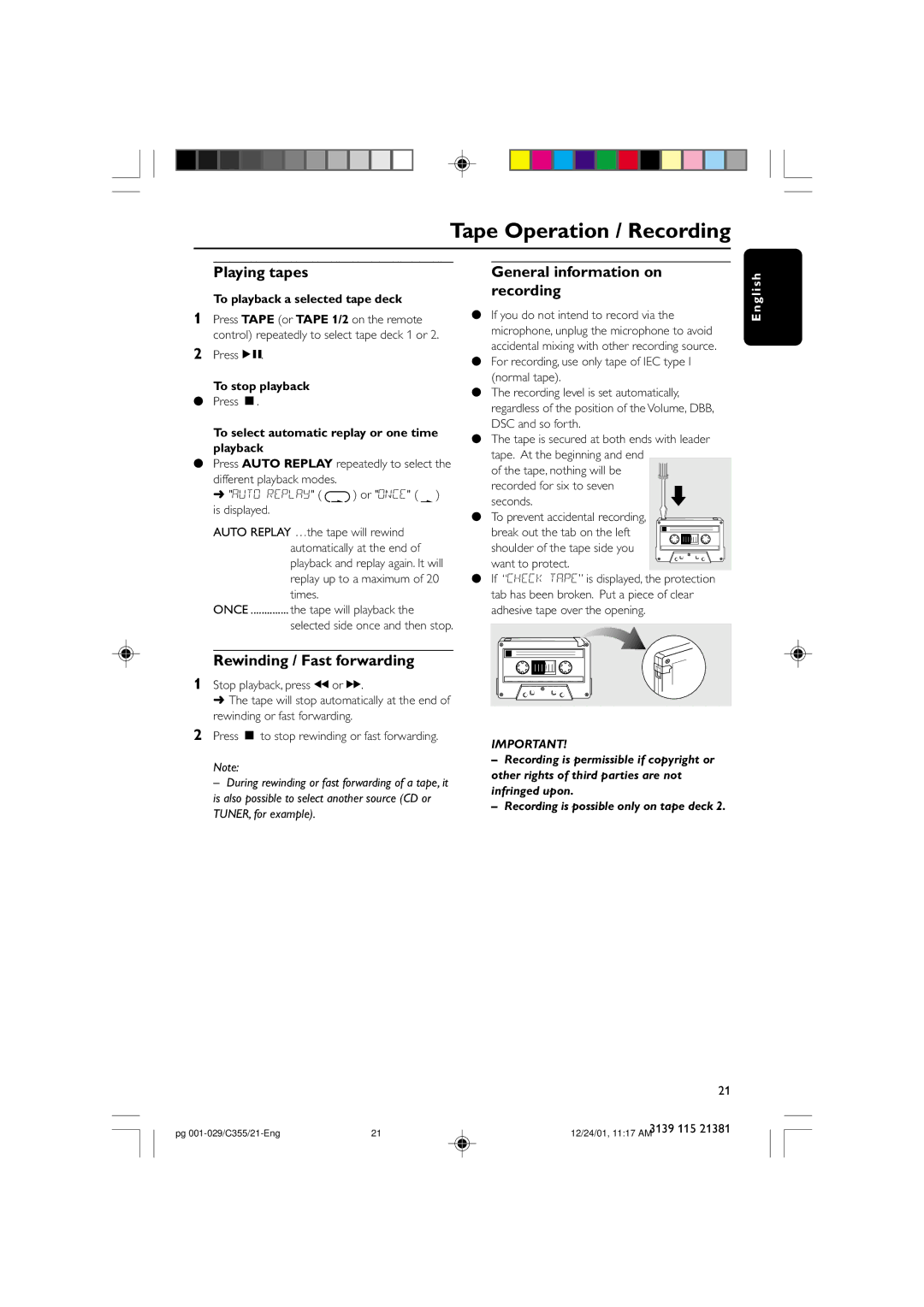 Philips FW-C355 manual Playing tapes, Rewinding / Fast forwarding, General information on recording 