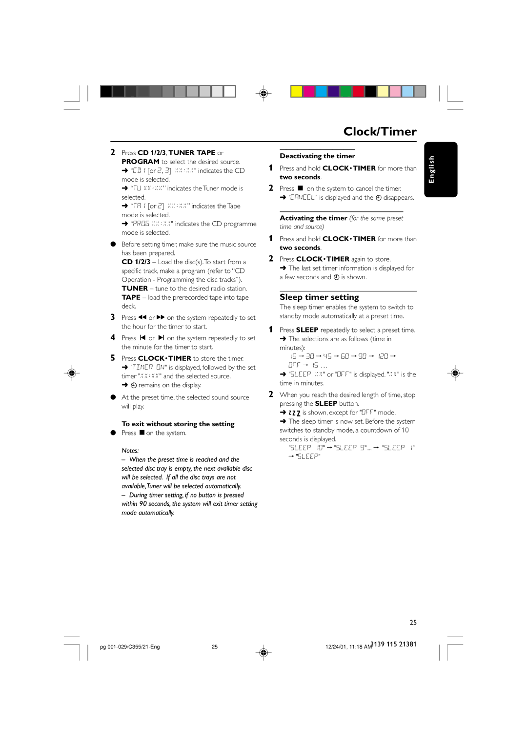 Philips FW-C355 manual Clock/Timer, Sleep timer setting, To exit without storing the setting, Deactivating the timer 