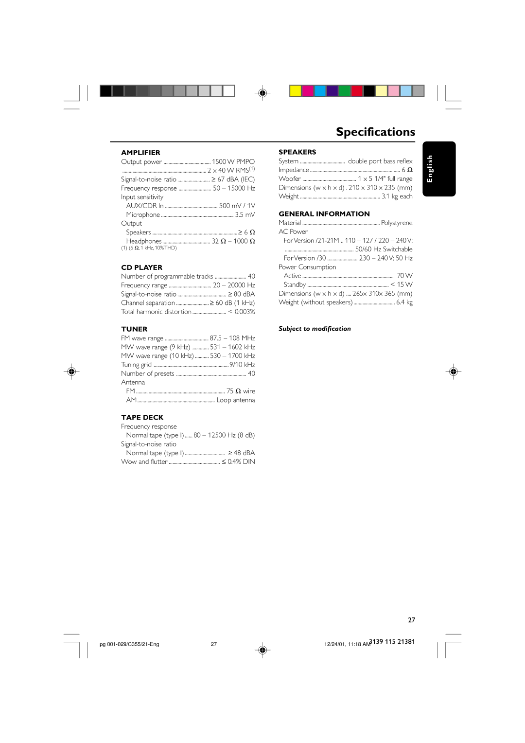 Philips FW-C355 manual Specifications 