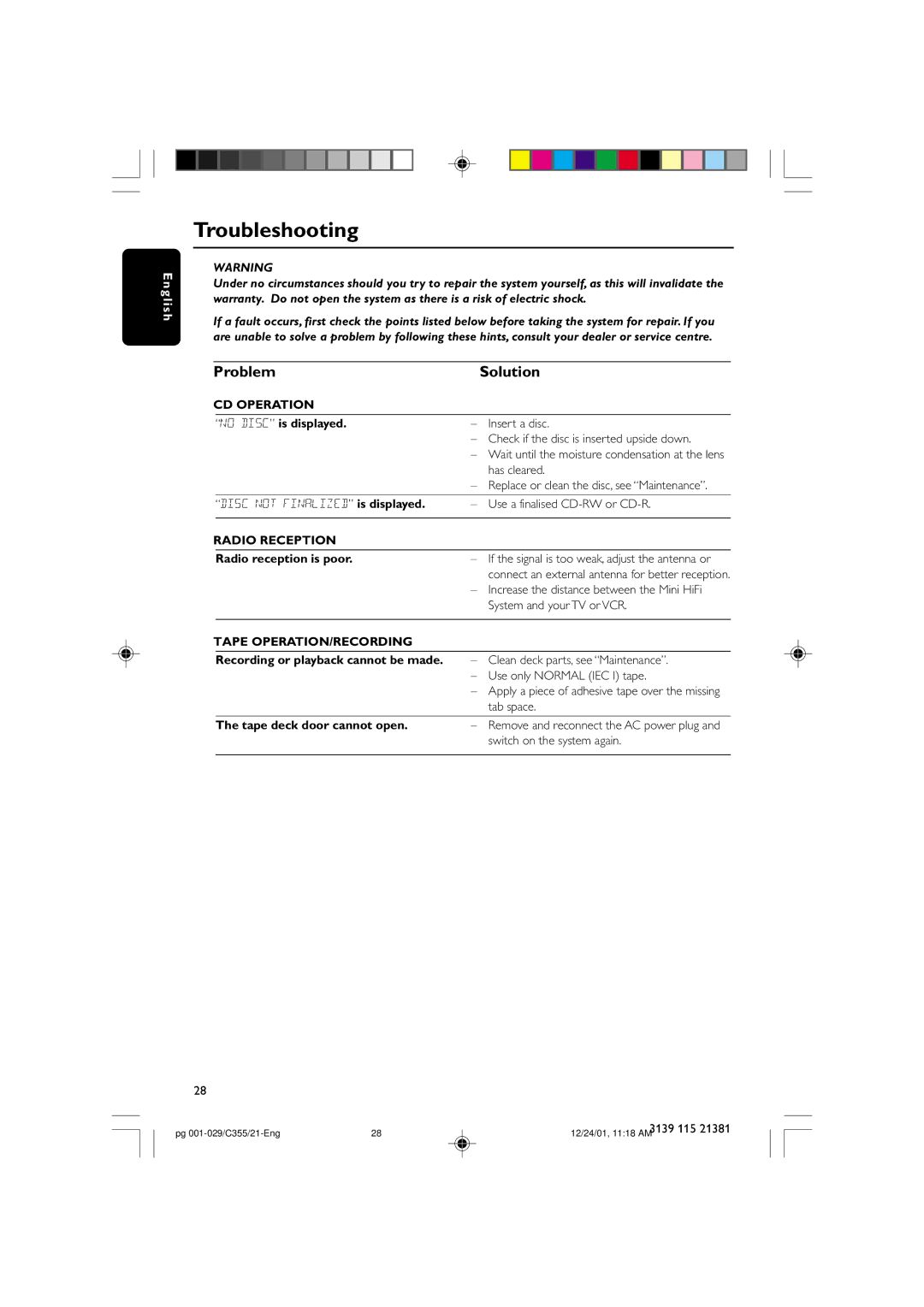 Philips FW-C355 manual Troubleshooting, Problem Solution, CD Operation, Radio Reception, Tape OPERATION/RECORDING 