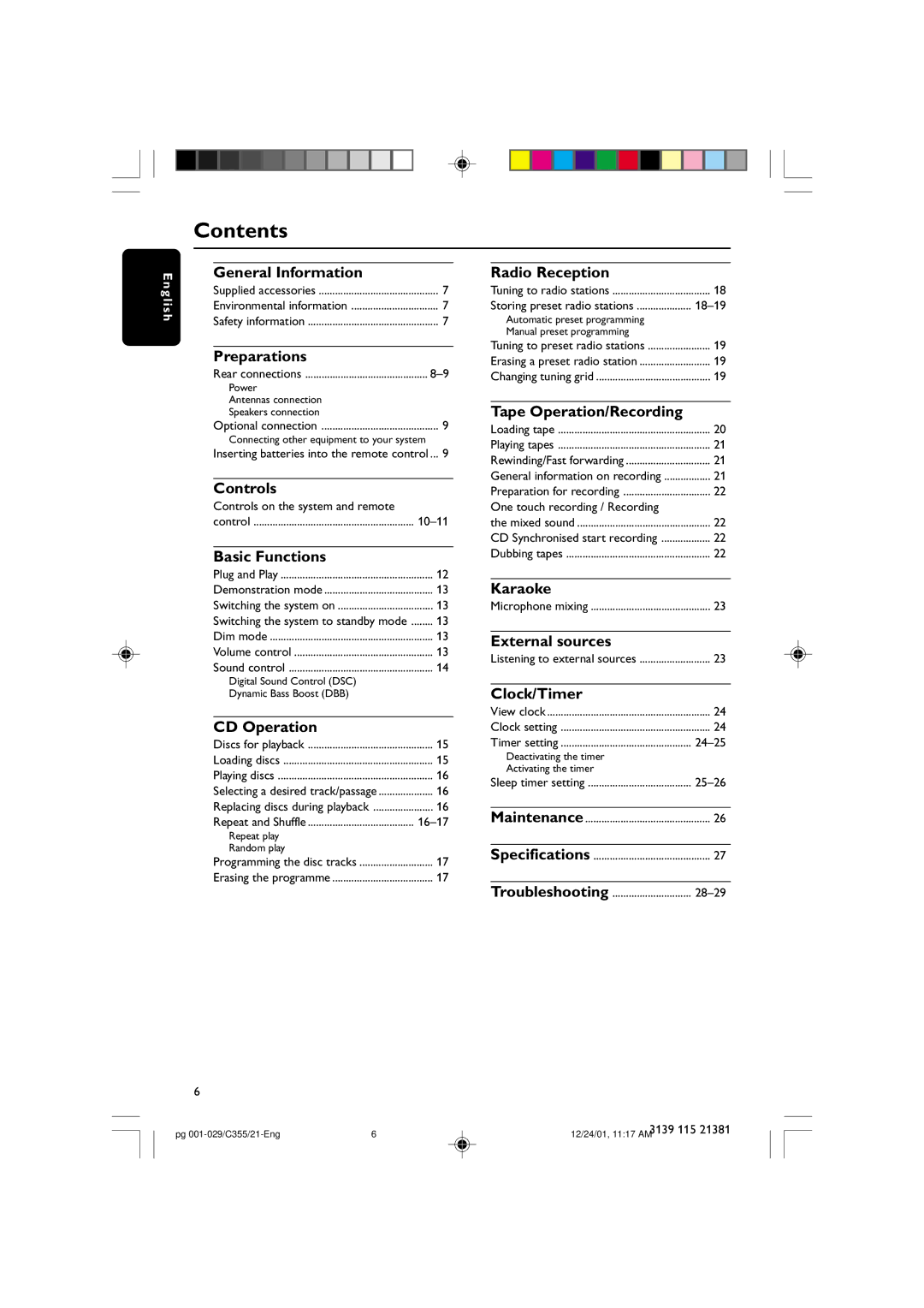 Philips FW-C355 manual Contents 