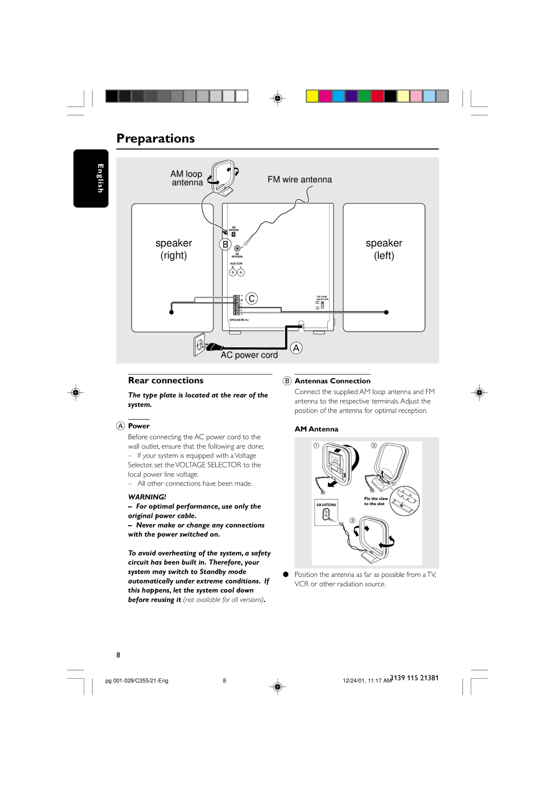 Philips FW-C355 manual Preparations, Rear connections, Antennas Connection, Power AM Antenna 