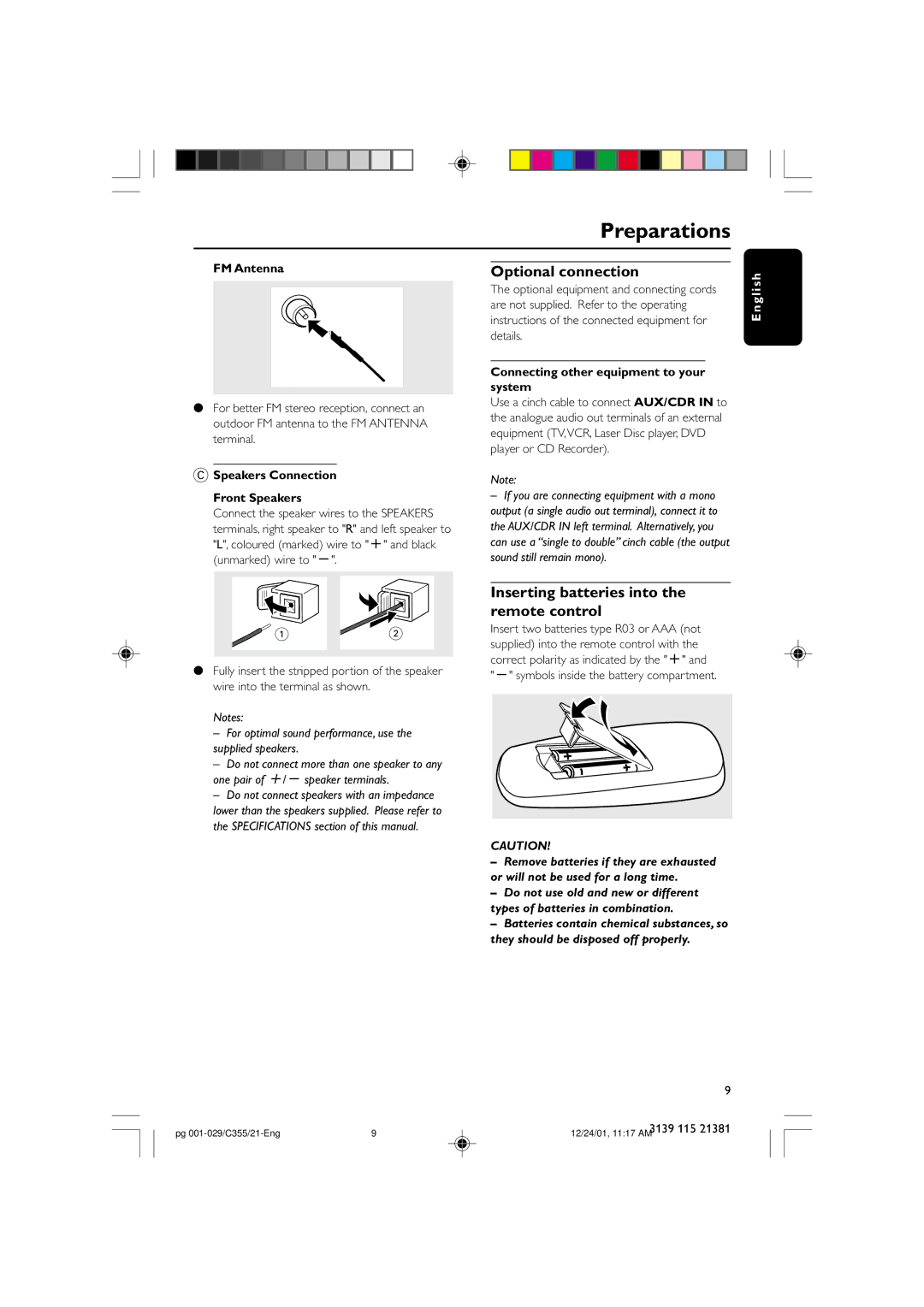 Philips FW-C355 manual Optional connection, Inserting batteries into the remote control, FM Antenna 