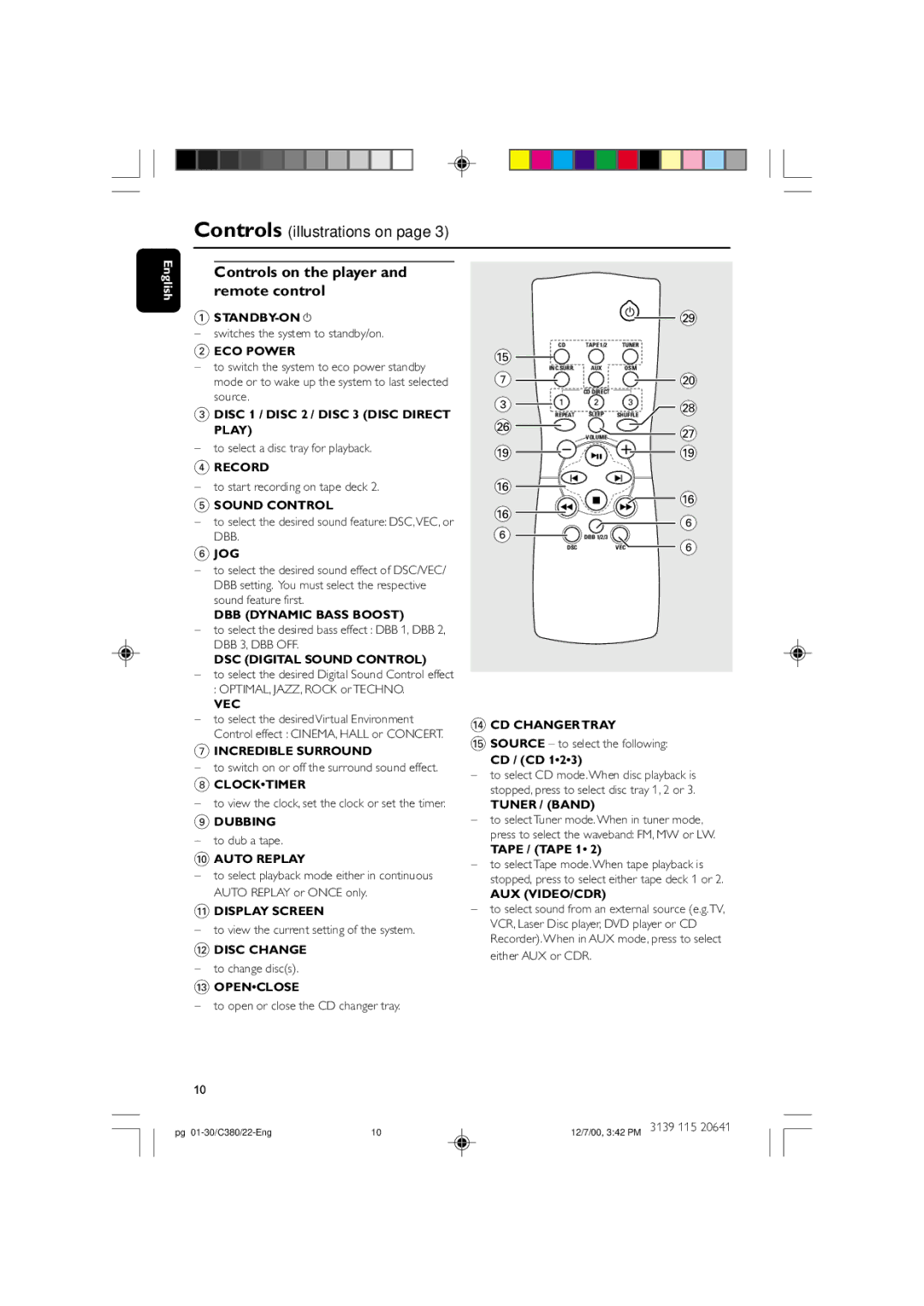 Philips FW-C380 manual Controls on the player and remote control, STANDBY-ON y, Cd / Cd, Tape / Tape 1 