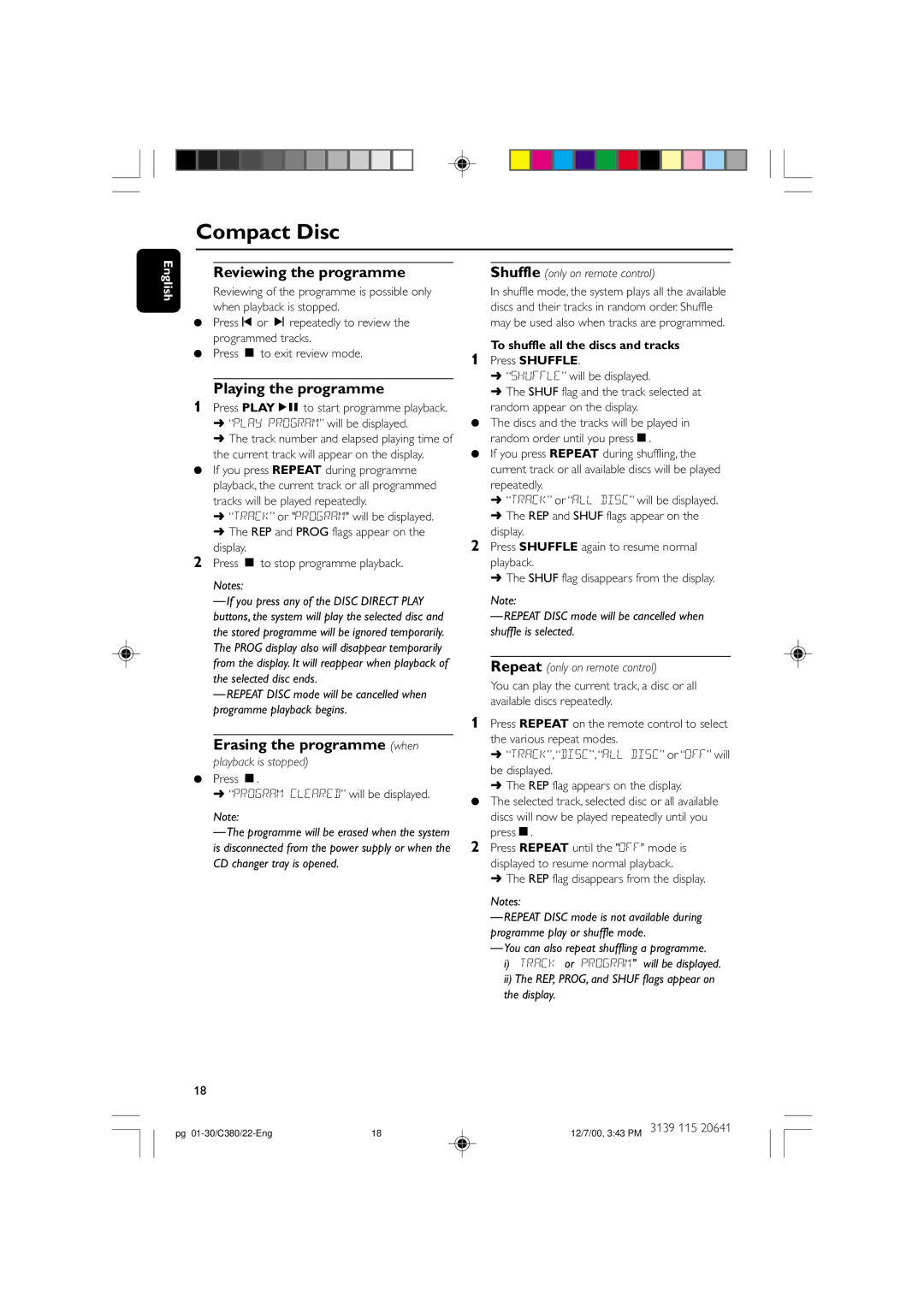 Philips FW-C380 manual Reviewing the programme, Playing the programme, Erasing the programme when playback is stopped 