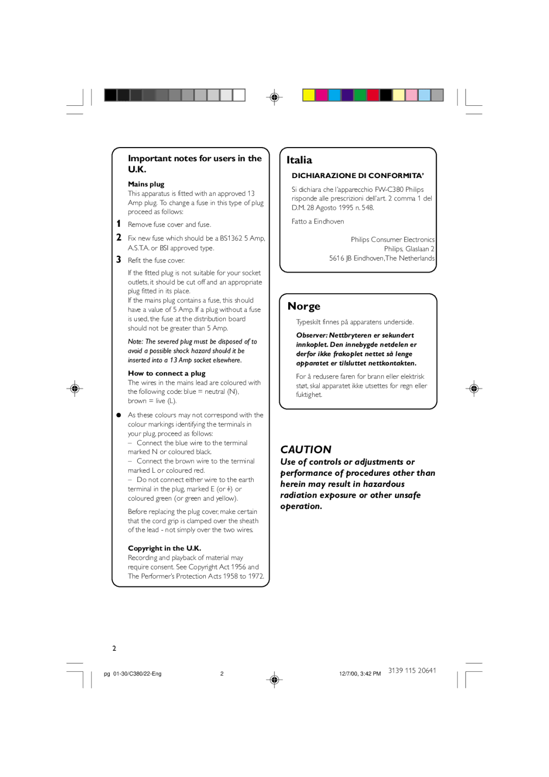 Philips FW-C380 manual Important notes for users in the U.K, Mains plug, How to connect a plug, Copyright in the U.K 