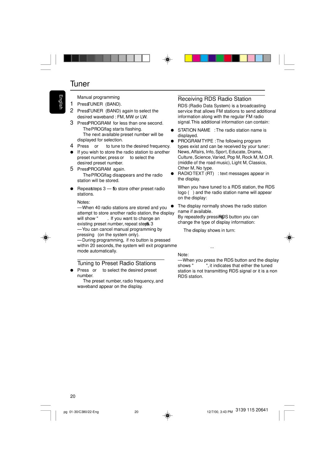 Philips FW-C380 manual Tuning to Preset Radio Stations, Receiving RDS Radio Station Ç, Manual programming 