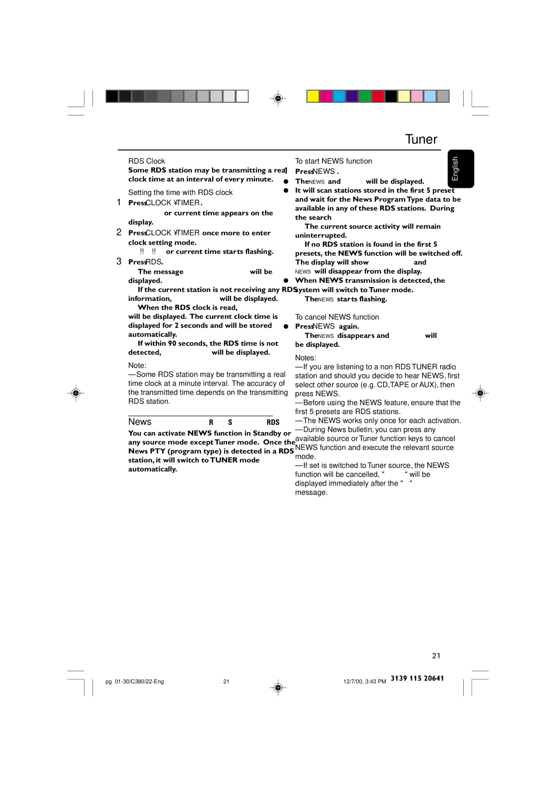 Philips FW-C380 manual RDS Clock, Setting the time with RDS clock Press Clocktimer, To start News function 