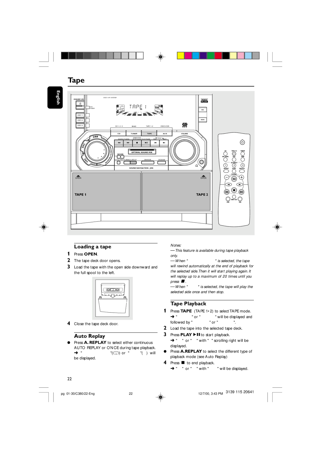 Philips FW-C380 manual Loading a tape, Auto Replay, Tape Playback, This feature is available during tape playback only 