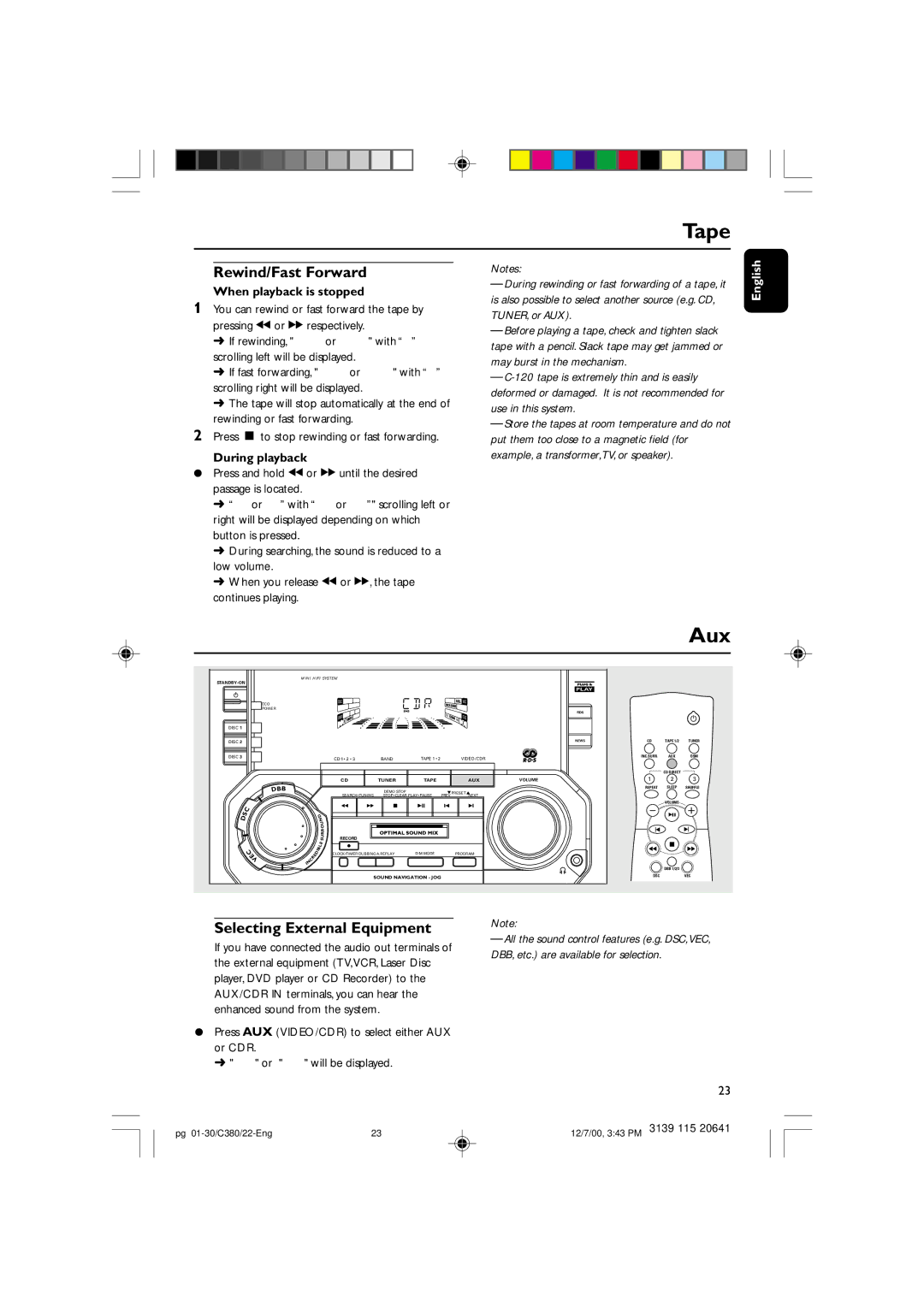 Philips FW-C380 manual Aux, When playback is stopped, During playback 