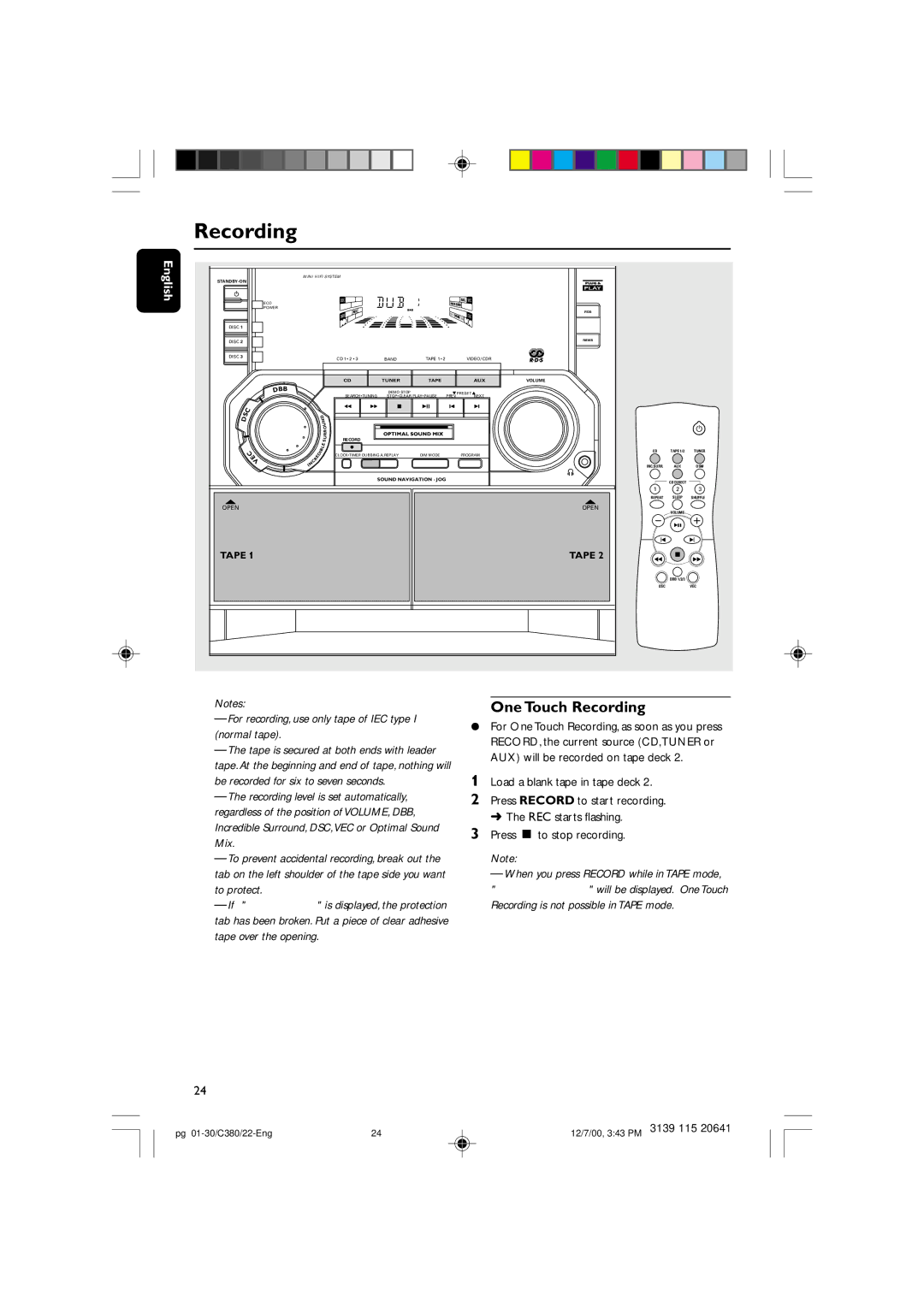 Philips FW-C380 One Touch Recording, For recording, use only tape of IEC type I normal tape, Press Ç to stop recording 