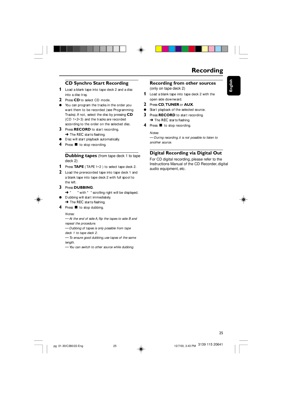 Philips FW-C380 manual CD Synchro Start Recording, Recording from other sources, Digital Recording via Digital Out 