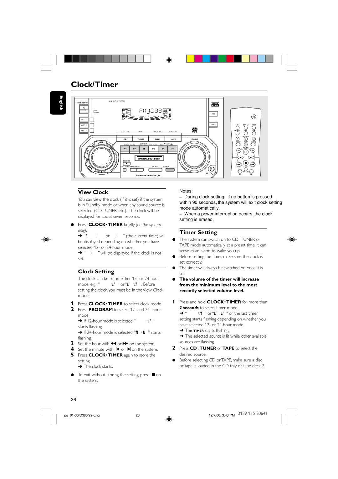 Philips FW-C380 manual Clock/Timer, ¶ The volume of the timer will increase, From the minimum level to the most 