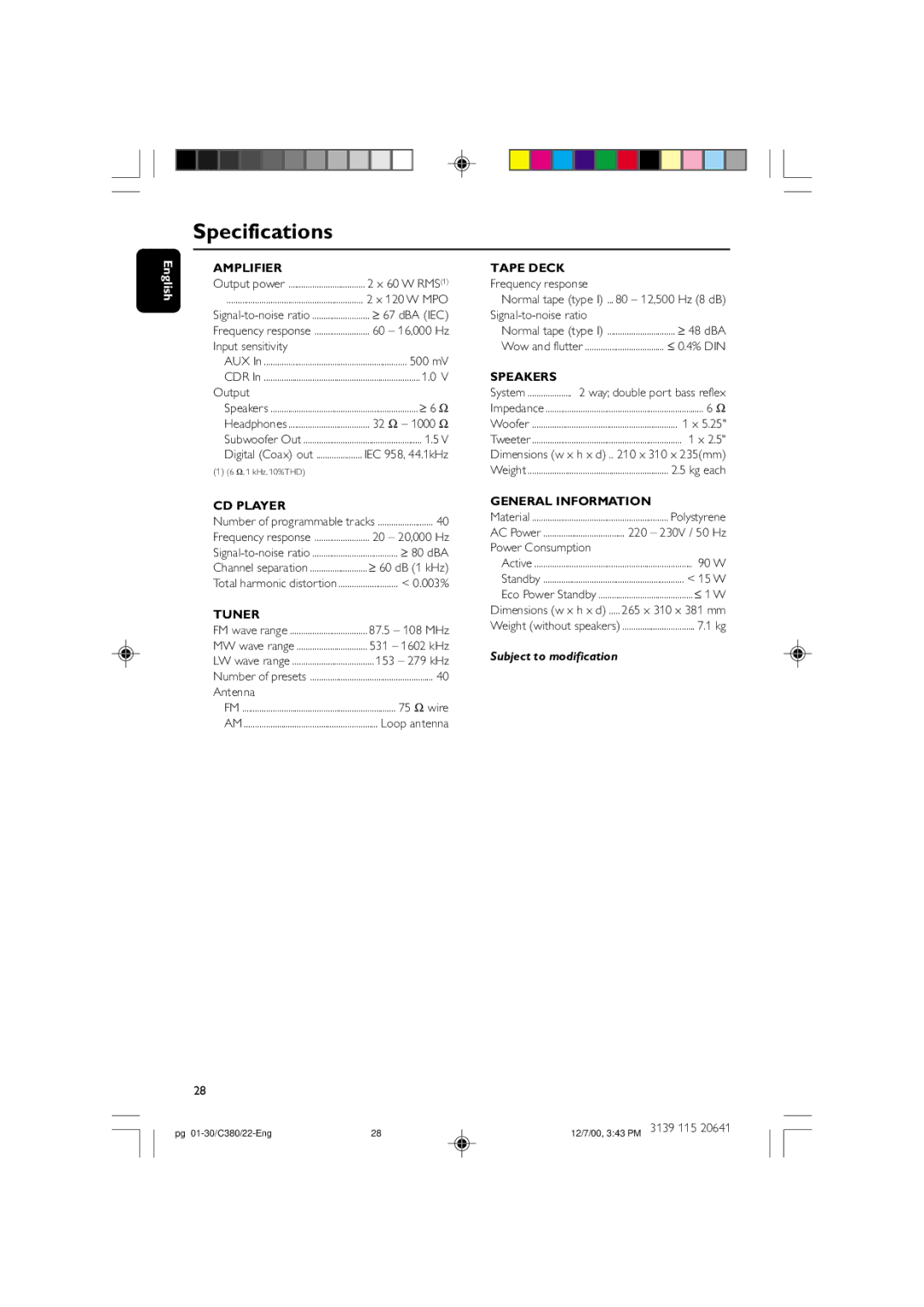 Philips FW-C380 manual Specifications, Subject to modification 