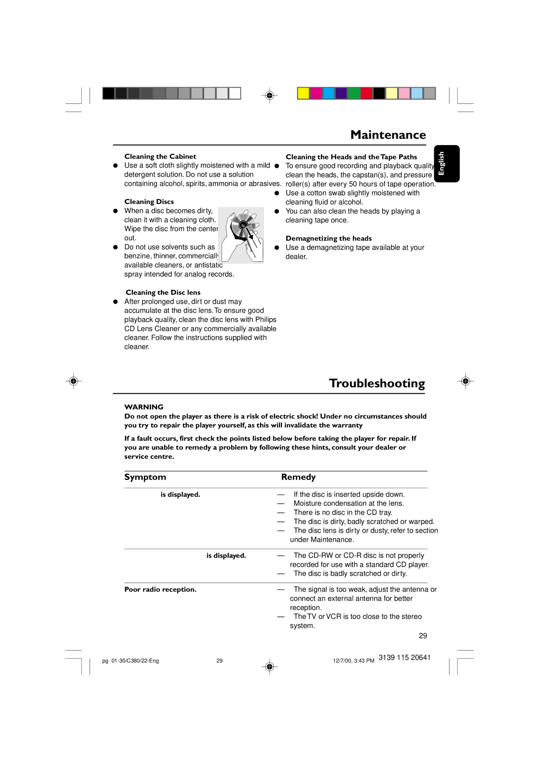 Philips FW-C380 manual Maintenance, Troubleshooting, Symptom Remedy 