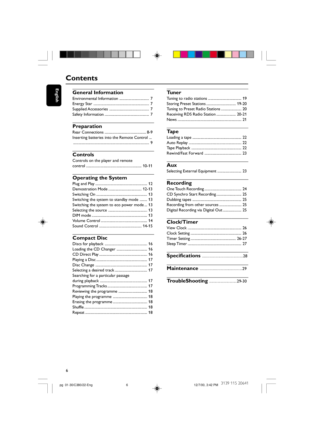 Philips FW-C380 manual Contents 