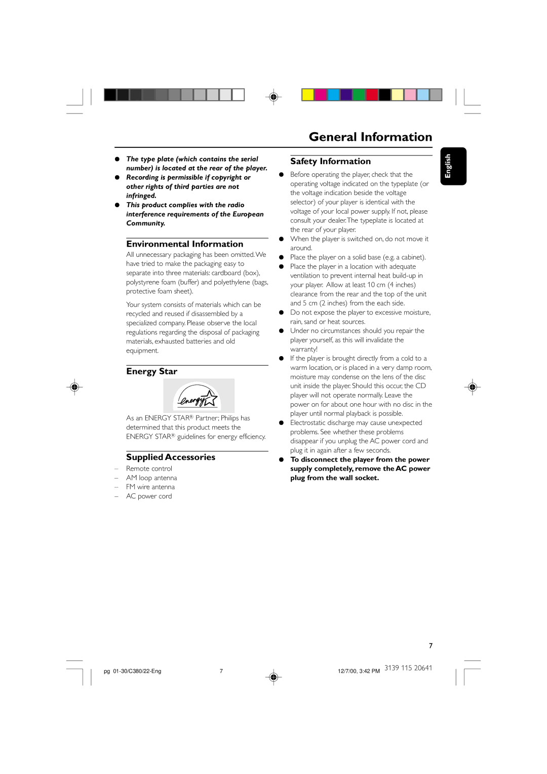 Philips FW-C380 General Information, Environmental Information, Energy Star, Supplied Accessories, Safety Information 