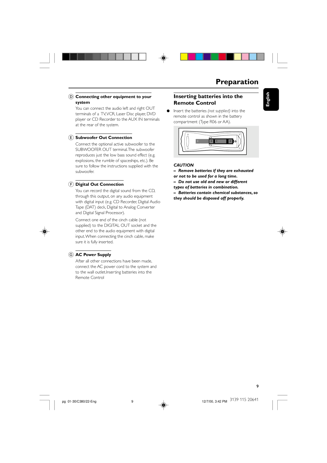 Philips FW-C380 manual Preparation, Inserting batteries into the Remote Control, They should be disposed off properly 