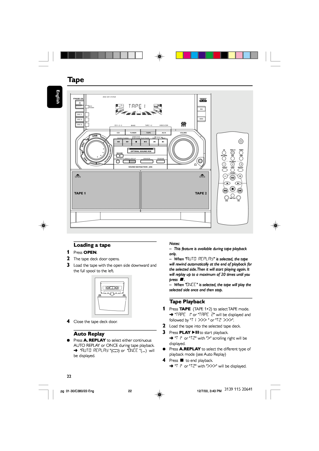 Philips FW-C380 manual Loading a tape, Auto Replay, Tape Playback 