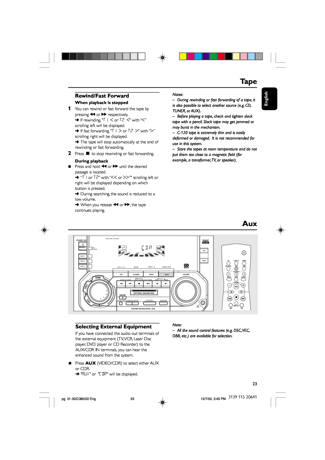 Philips FW-C380 manual Rewind/Fast Forward, Selecting External Equipment, Tape, English 