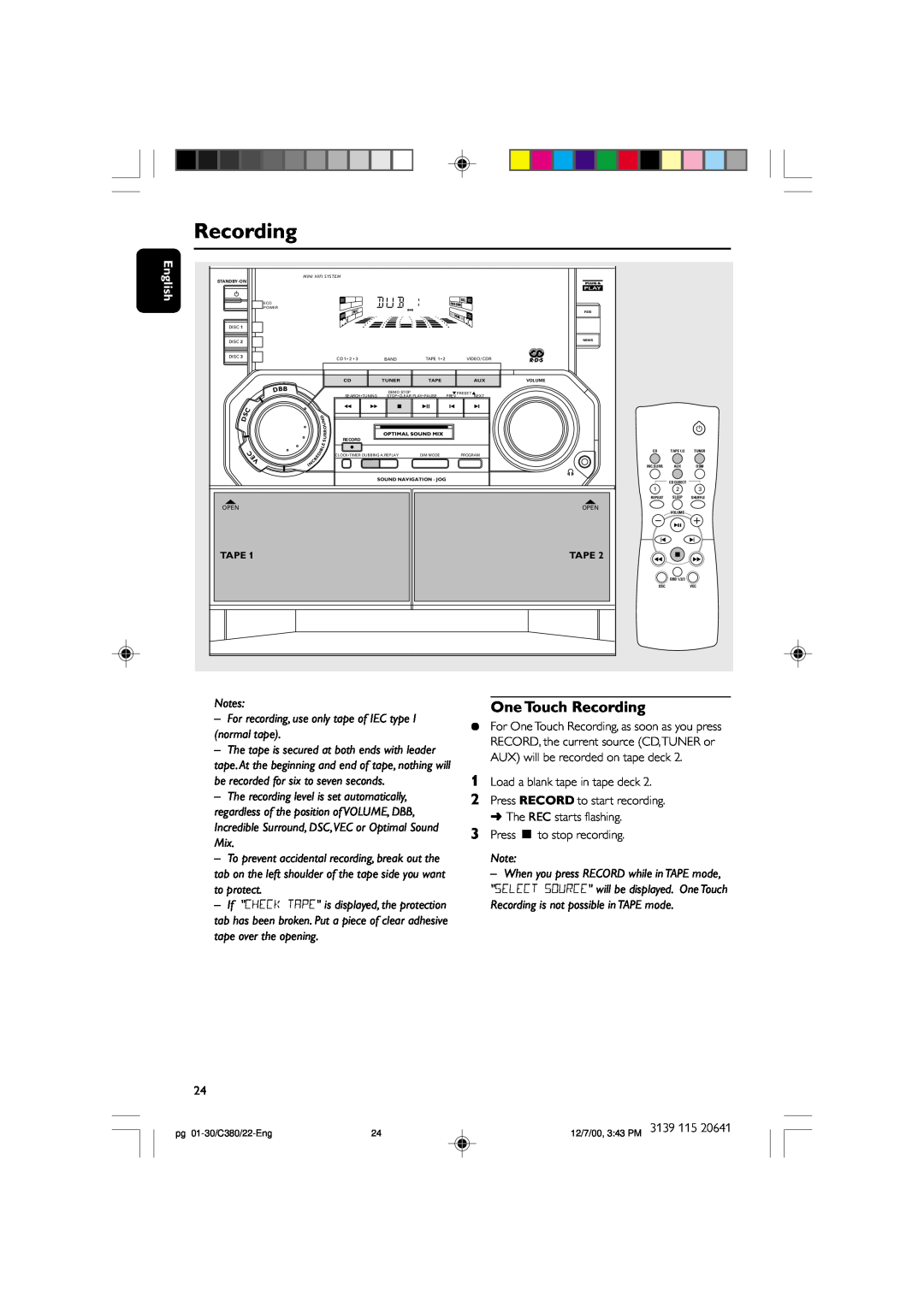Philips FW-C380 manual One Touch Recording 