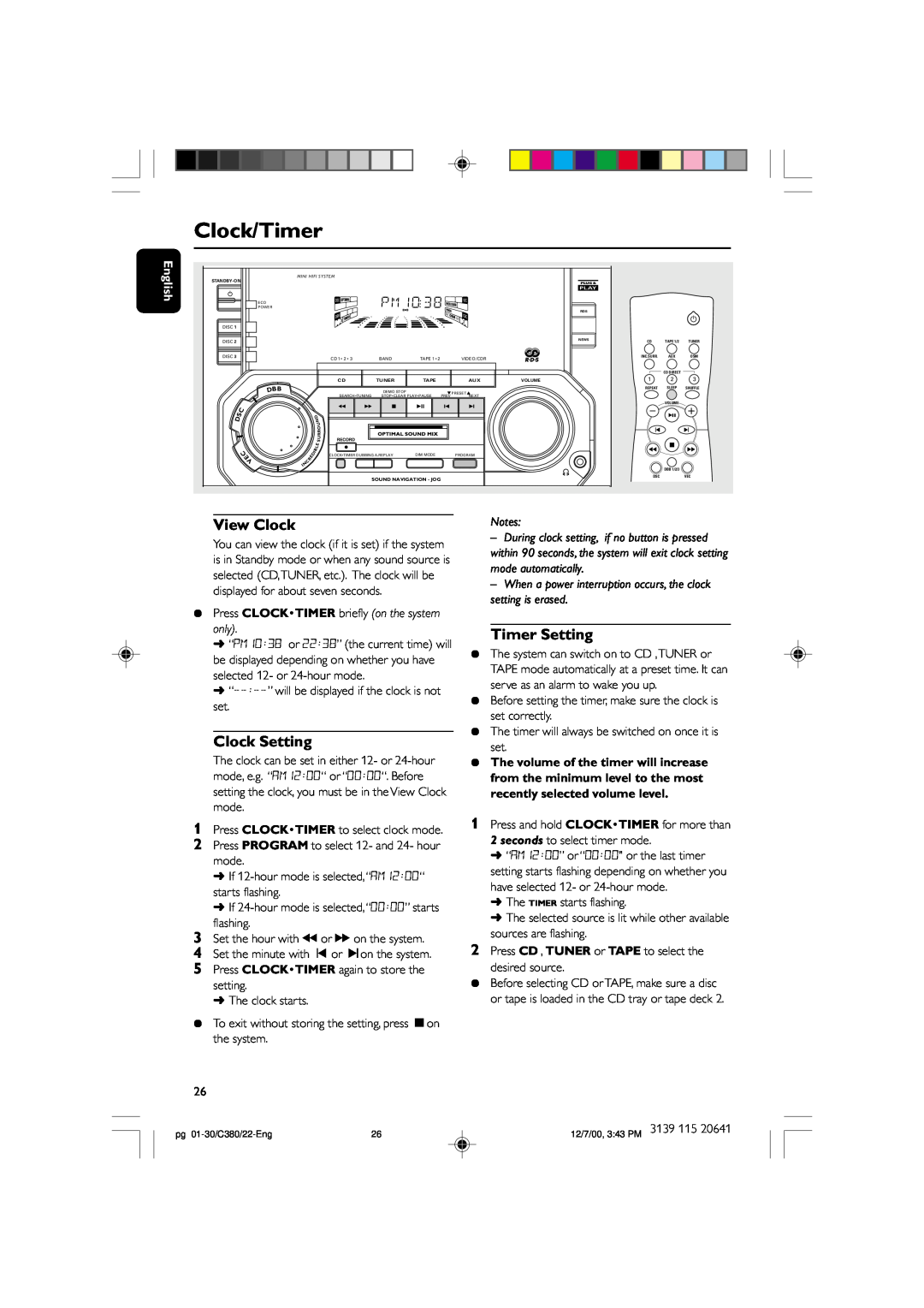 Philips FW-C380 manual Clock/Timer, View Clock, Timer Setting, Clock Setting 