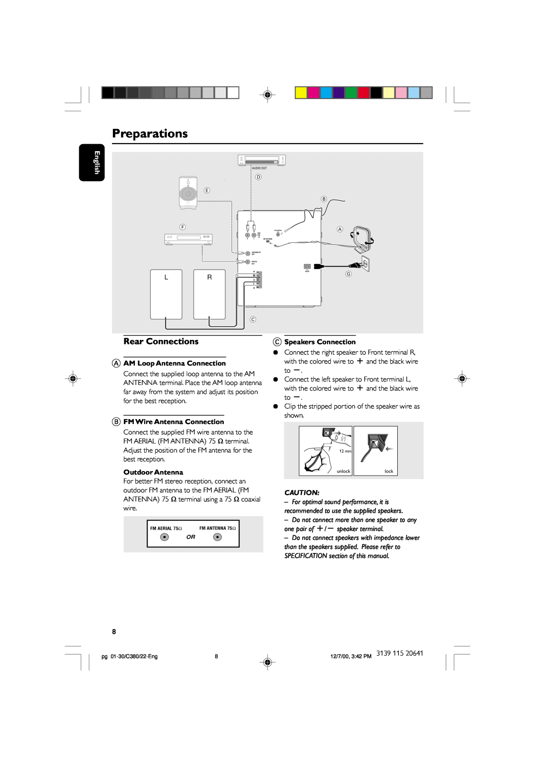 Philips FW-C380 manual Preparations, English, AAM Loop Antenna Connection, BFM Wire Antenna Connection, Outdoor Antenna 