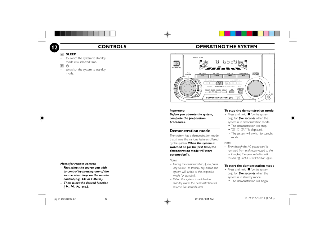 Philips FW-C38C/37 manual 12CONTROLS, Operating the System, Demonstration mode 