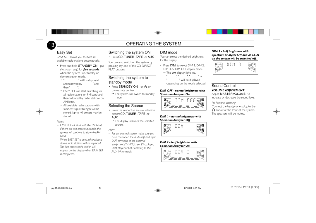 Philips FW-C38C/37 manual Easy Set, Switching the system on, Switching the system to standby mode, DIM mode, Sound Control 