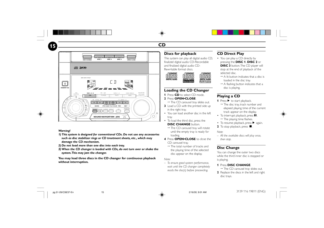 Philips FW-C38C/37 manual Discs for playback, Loading the CD Changer CD Direct Play, Playing a CD, Disc Change 