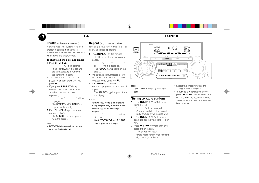 Philips FW-C38C/37 manual Tuner, Tuning to radio stations 