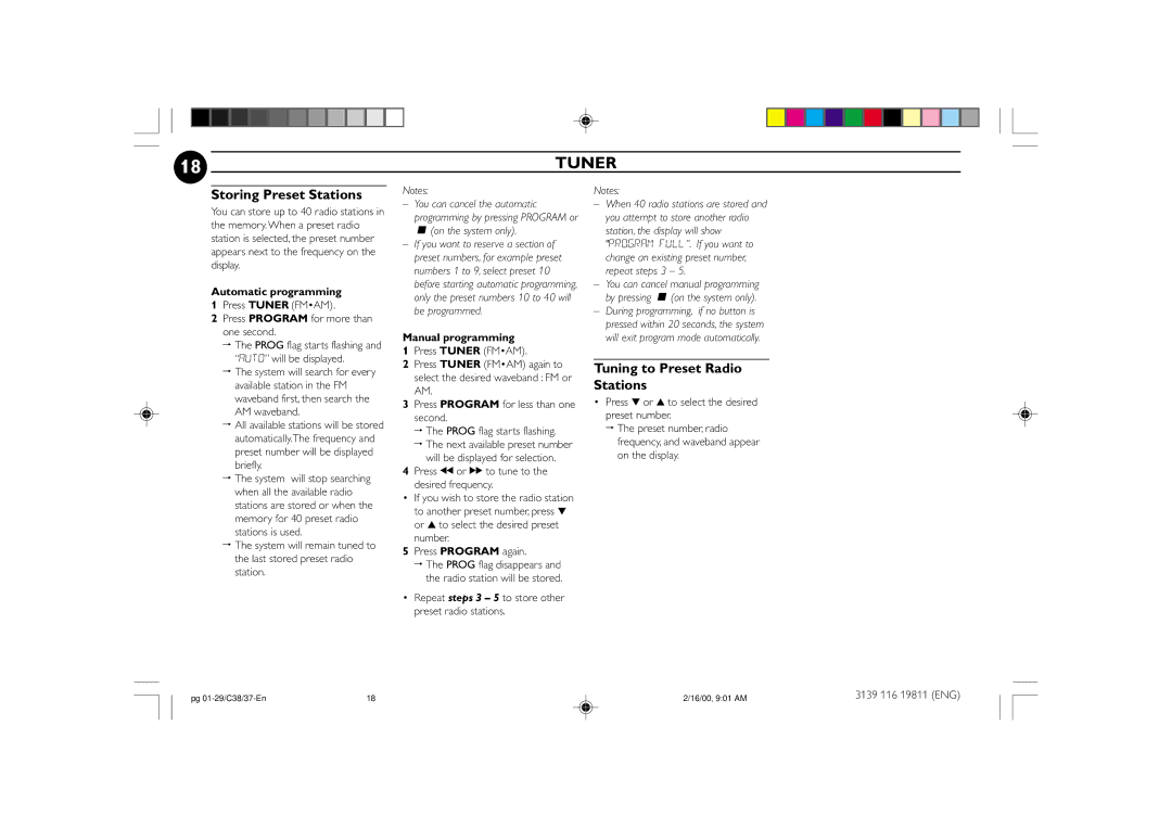 Philips FW-C38C/37 Storing Preset Stations, Tuning to Preset Radio Stations, Automatic programming, Manual programming 