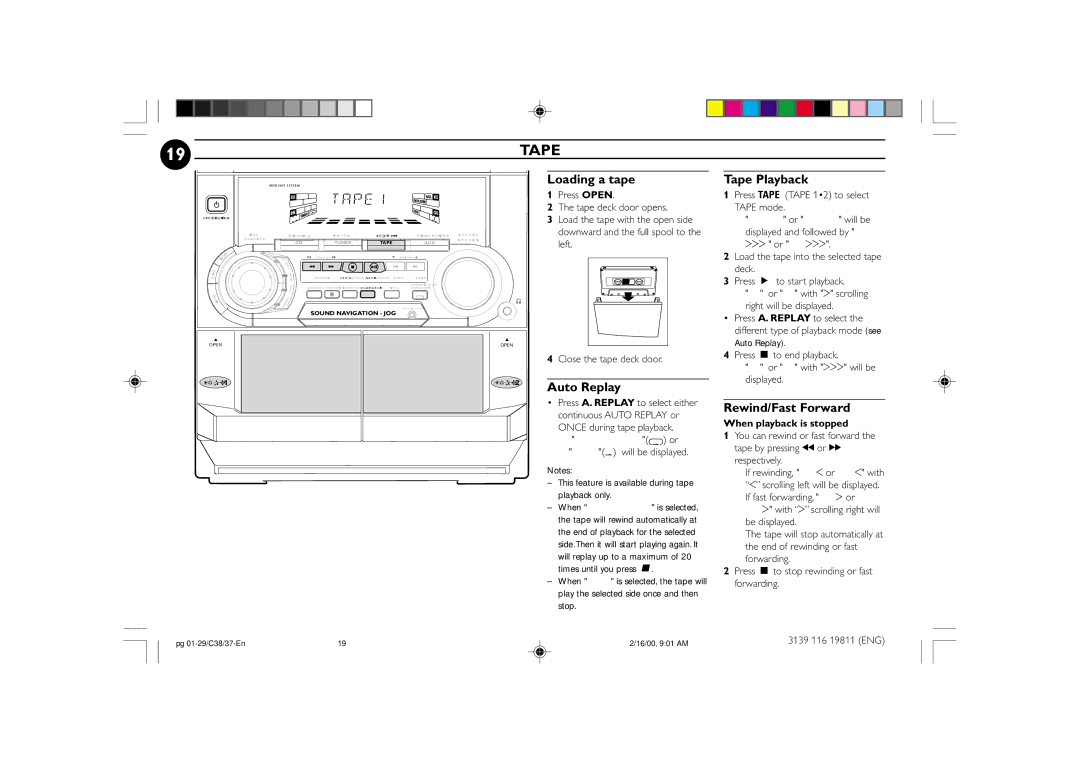 Philips FW-C38C/37 manual Loading a tape, Auto Replay, Tape Playback, Rewind/Fast Forward 