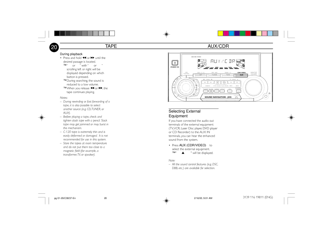 Philips FW-C38C/37 manual 20TAPE, Aux/Cdr, Selecting External Equipment, During playback 