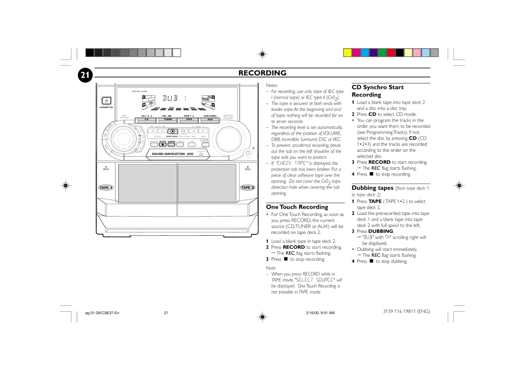 Philips FW-C38C/37 manual One Touch Recording, CD Synchro Start Recording, Dubbing tapes to tape deck 