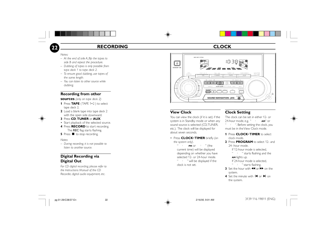 Philips FW-C38C/37 manual 22RECORDING, Digital Recording via Digital Out, View Clock, Clock Setting 