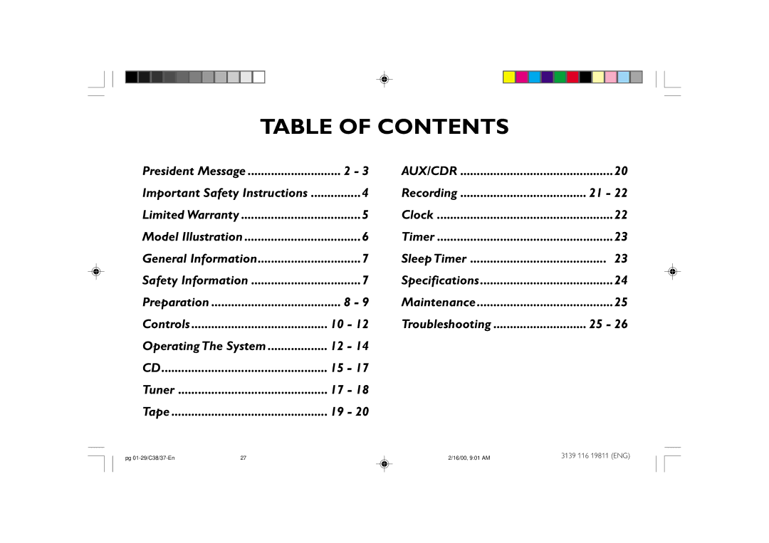 Philips FW-C38C/37 manual Table of Contents 