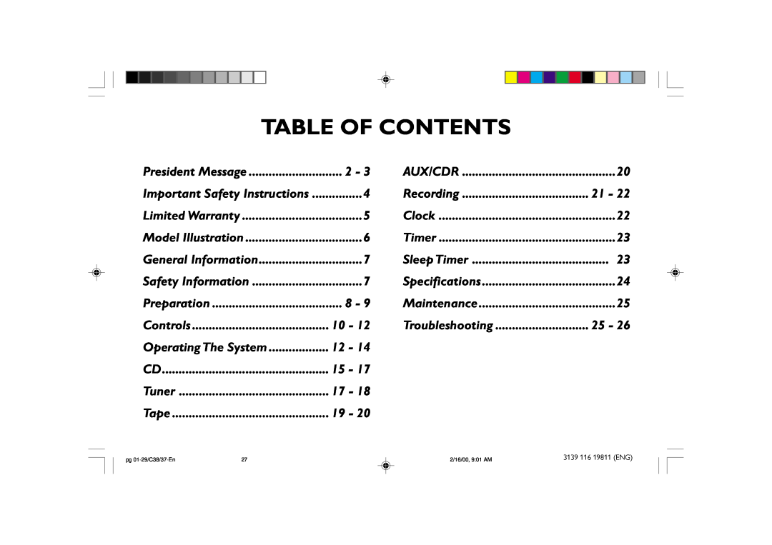 Philips FW-C38C/37 manual Table Of Contents, Recording, Troubleshooting, Operating The System 