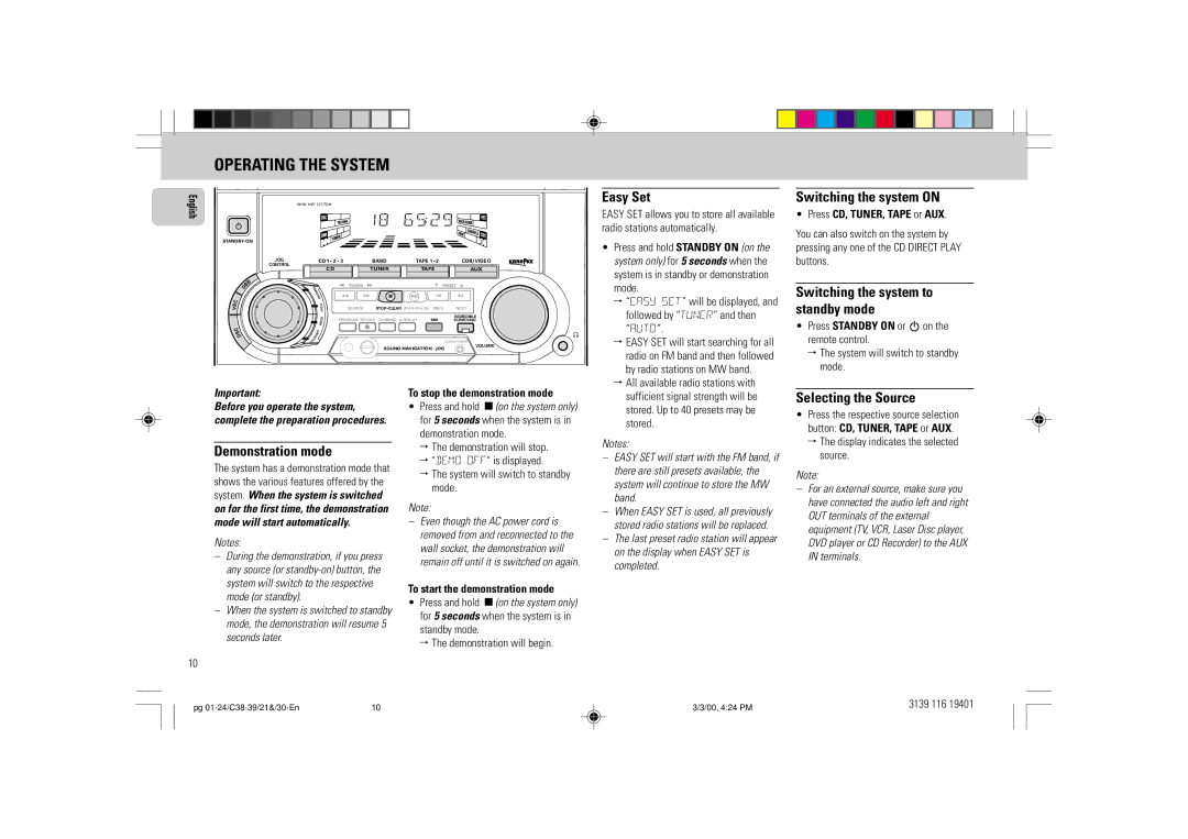 Philips FW-C39 manual Operating the System 