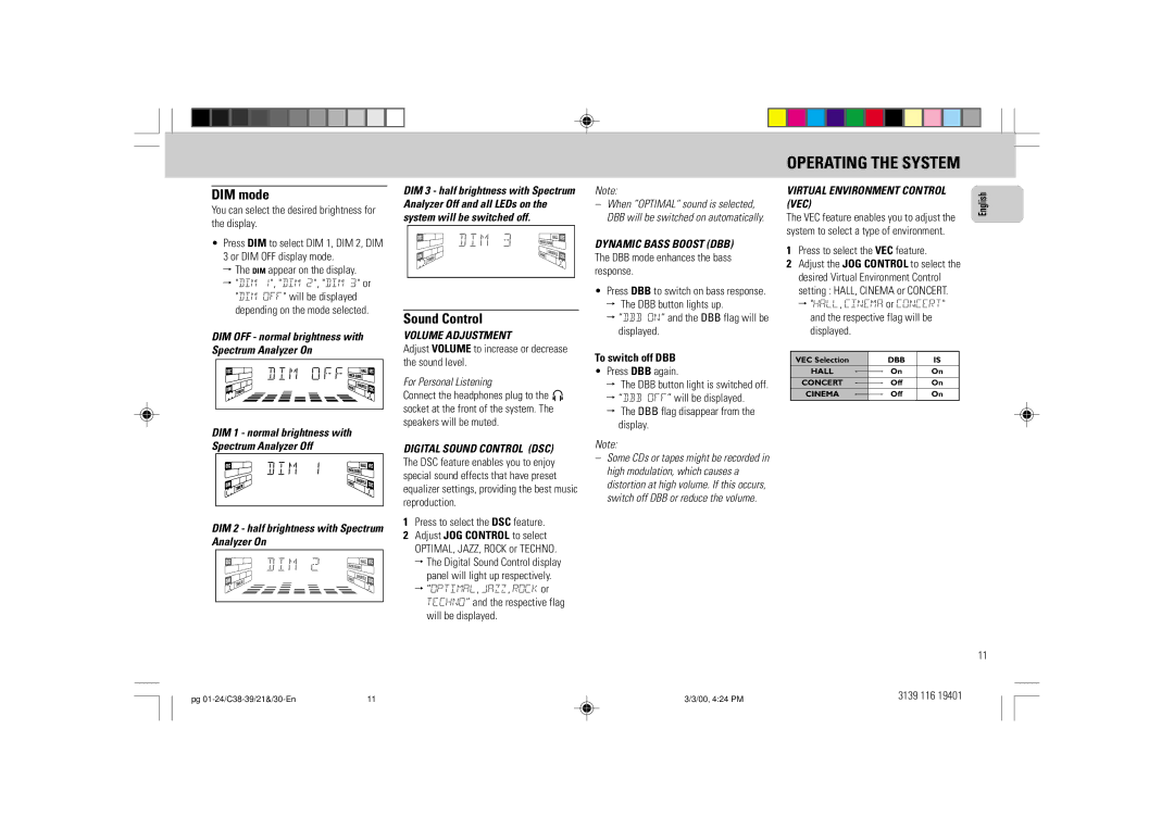 Philips FW-C39 manual DIM mode, Sound Control, For Personal Listening, To switch off DBB 