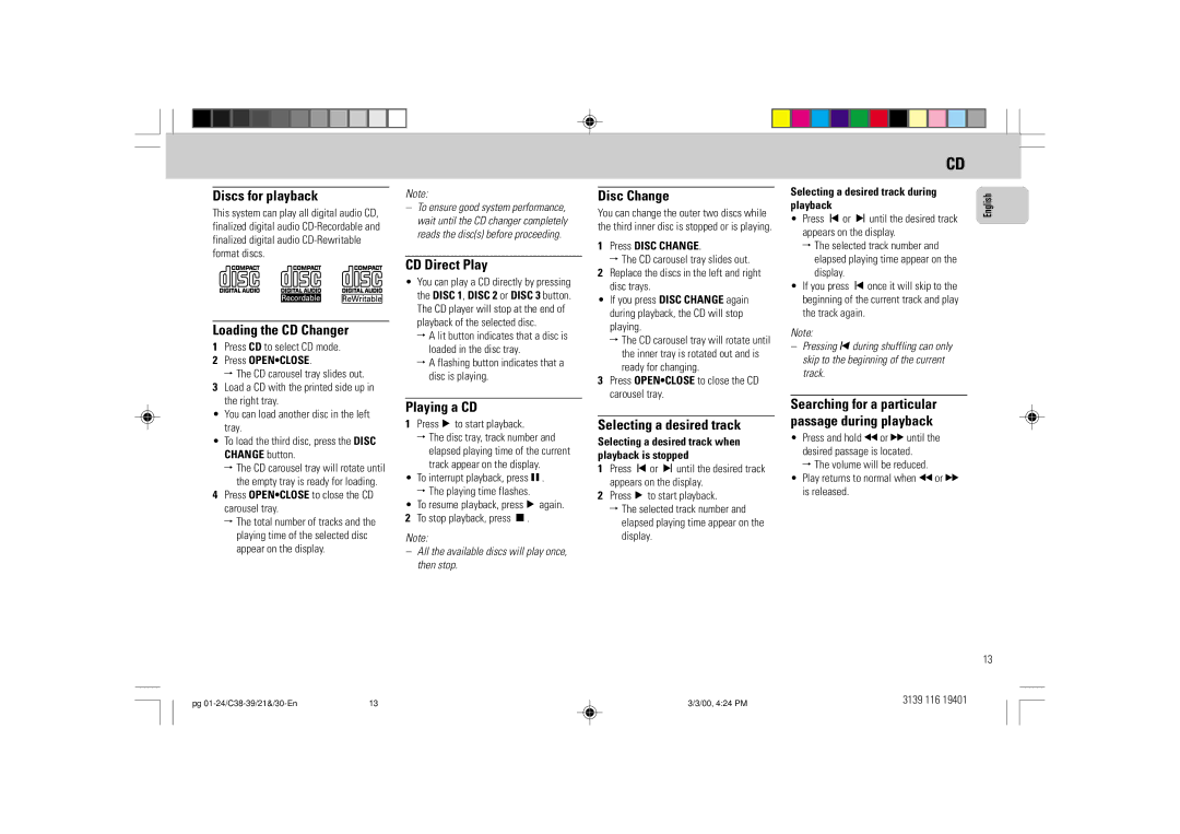 Philips FW-C39 manual Discs for playback, Loading the CD Changer, CD Direct Play, Playing a CD, Disc Change 