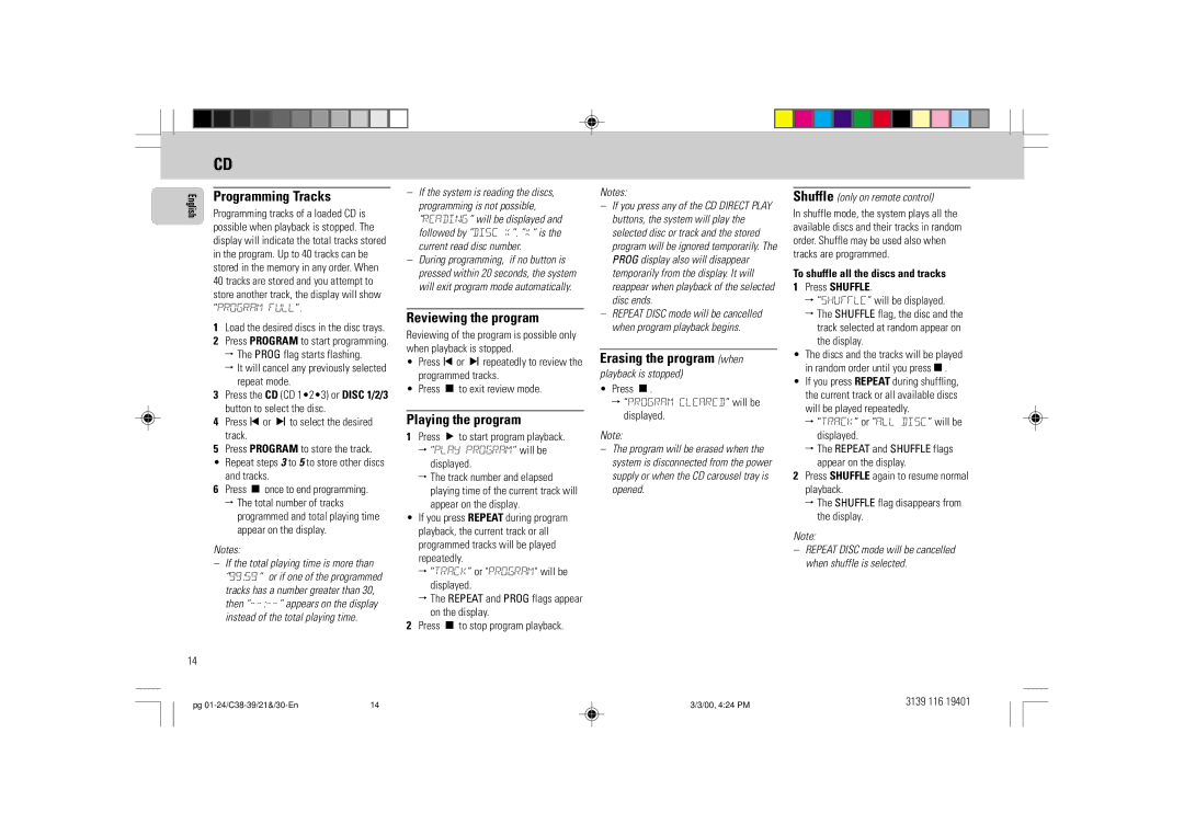 Philips FW-C39 manual Programming Tracks, Reviewing the program, Playing the program, Erasing the program when 