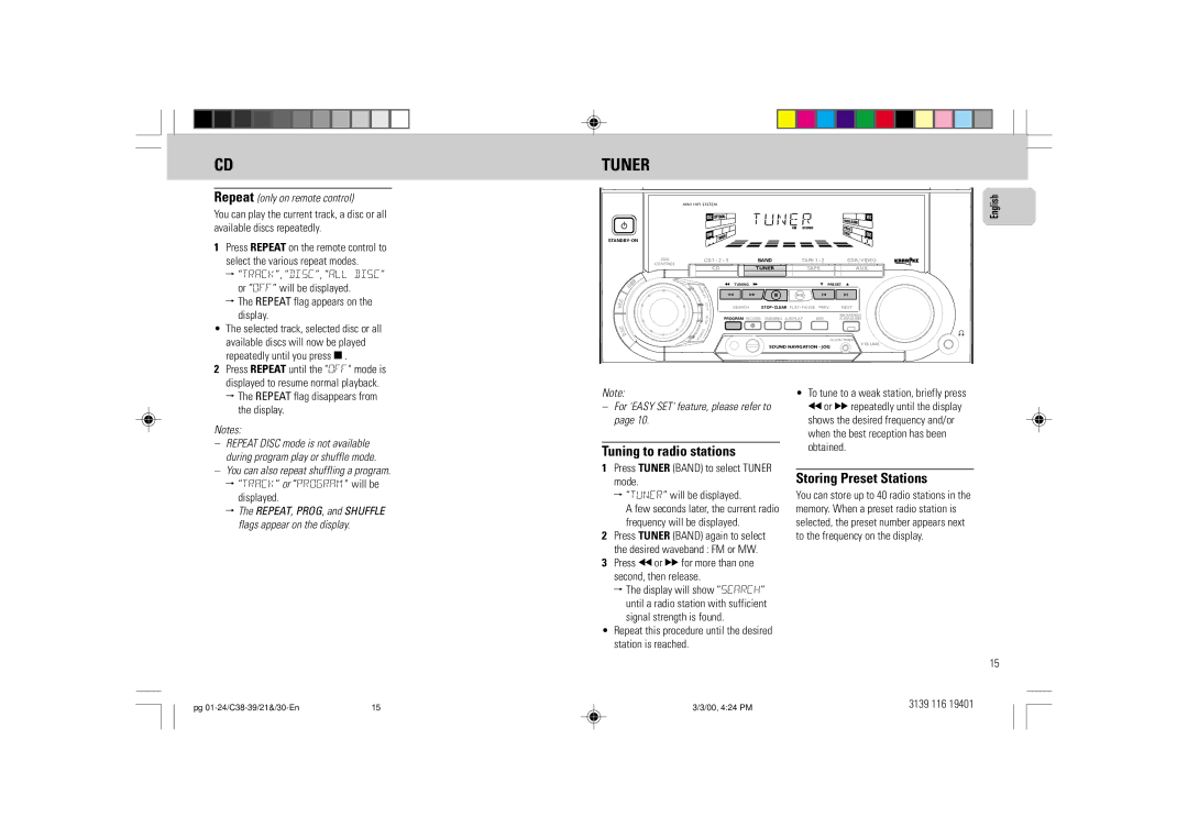 Philips FW-C39 manual Tuner, Tuning to radio stations, Storing Preset Stations 