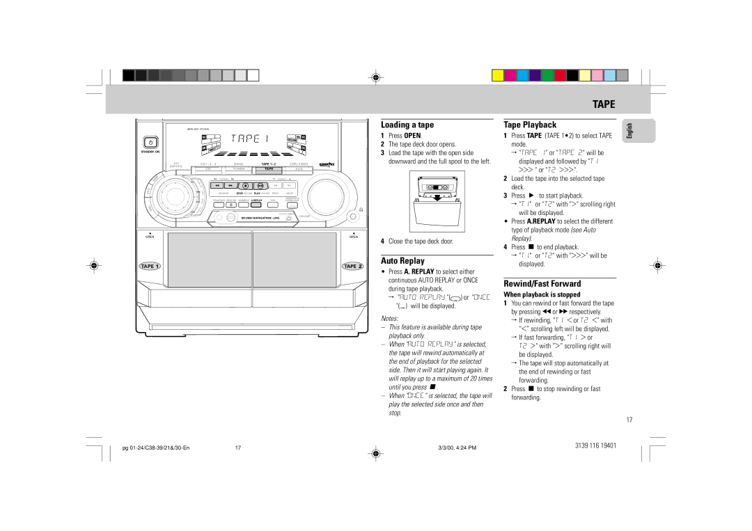 Philips FW-C39 manual Loading a tape, Tape Playback, Auto Replay, Rewind/Fast Forward, When playback is stopped 