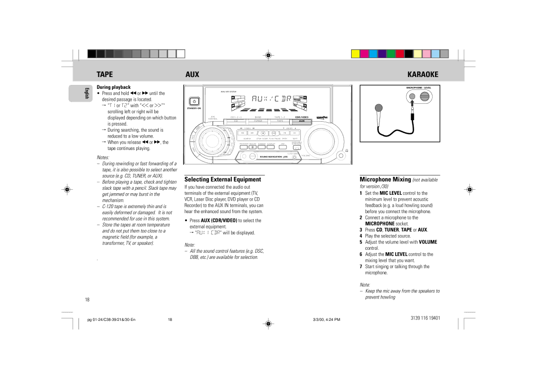 Philips FW-C39 manual Tape, Karaoke, Selecting External Equipment, During playback 