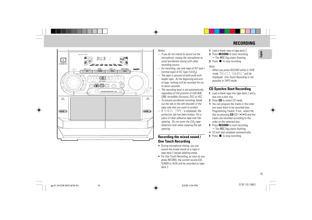 Philips FW-C39 manual CD Synchro Start Recording, Recording source, To seven seconds, Opening 