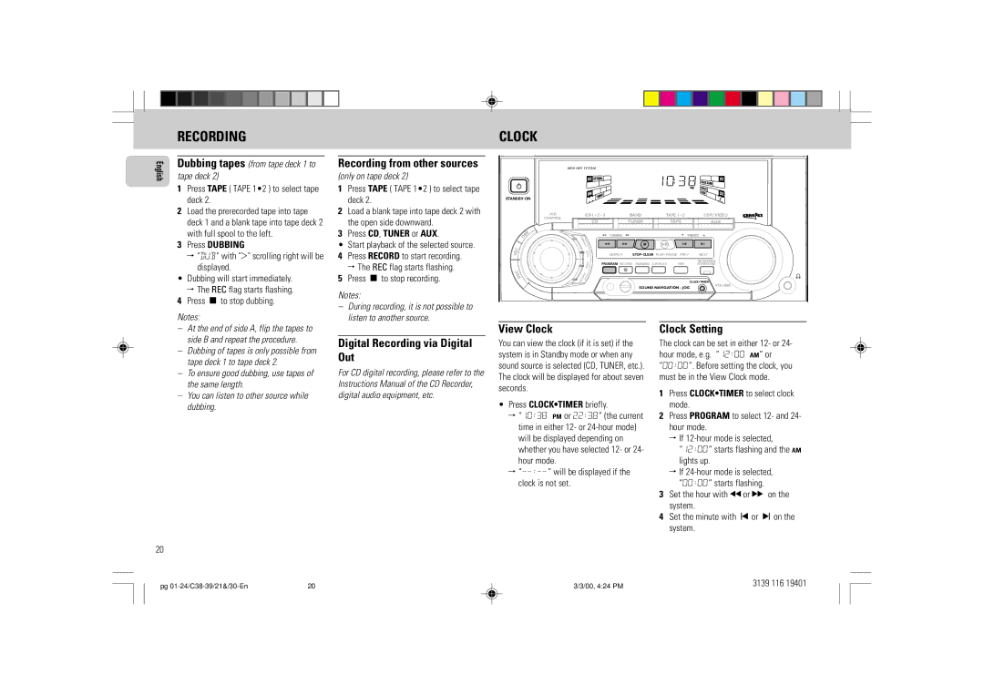 Philips FW-C39 manual Recording from other sources, Digital Recording via Digital Out, View Clock, Clock Setting 