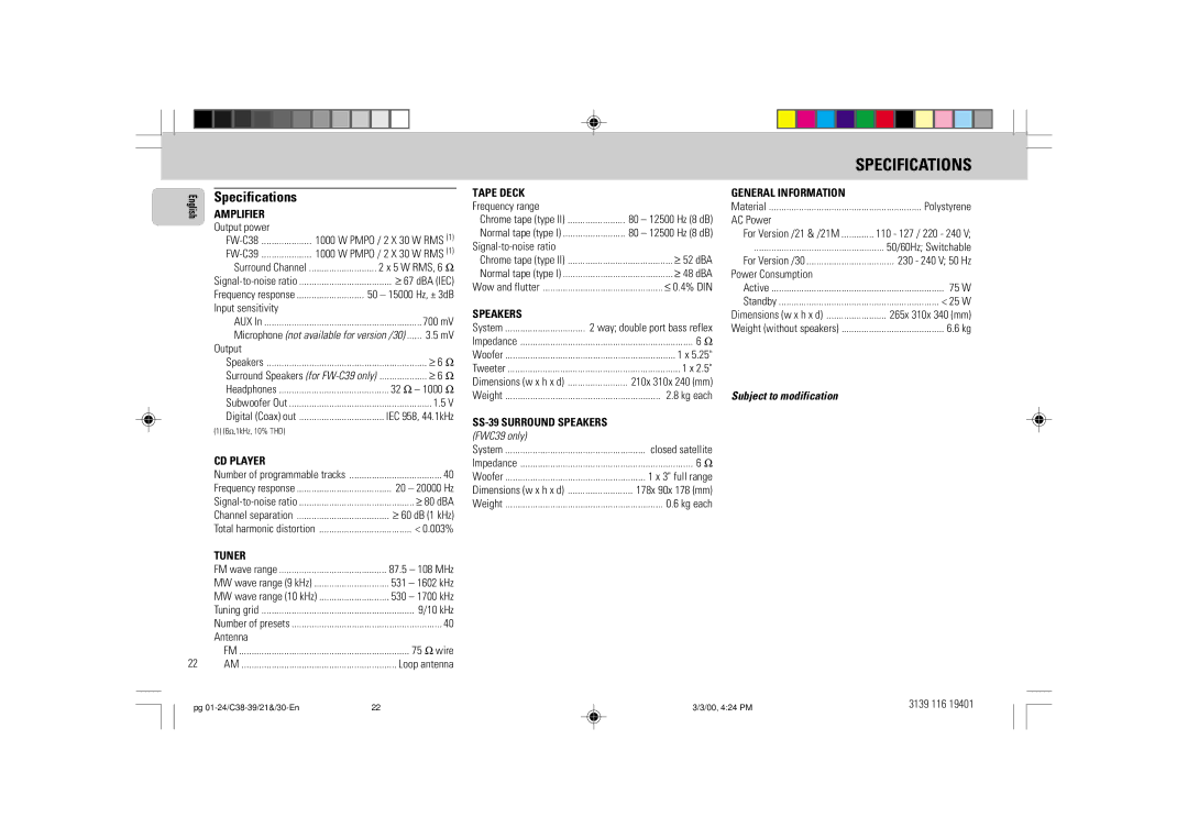 Philips FW-C39 manual Specifications, FWC39 only 