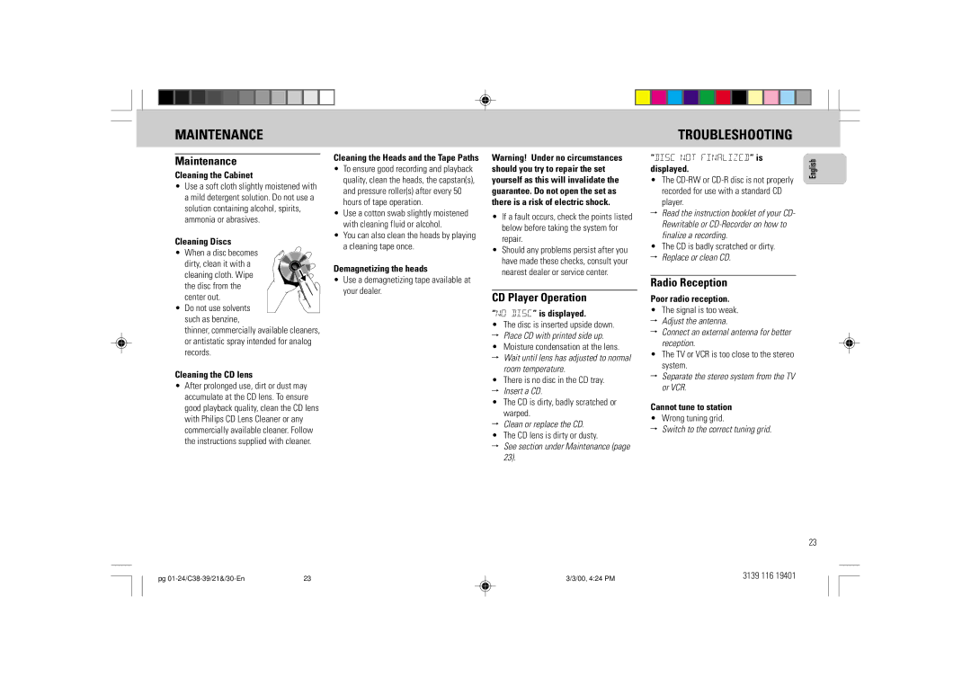 Philips FW-C39 manual Maintenance, Troubleshooting, CD Player Operation, Radio Reception 